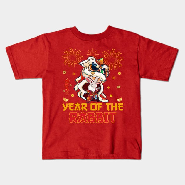 Chinese New Year Dabbing Rabbit Fireworks New Year Eve 2023 Kids T-Shirt by Sandra Holloman